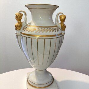 Andrea by Sadek White & Gold Bust Handles Mark 7400 Porcelain 13" Tall Urn Vase